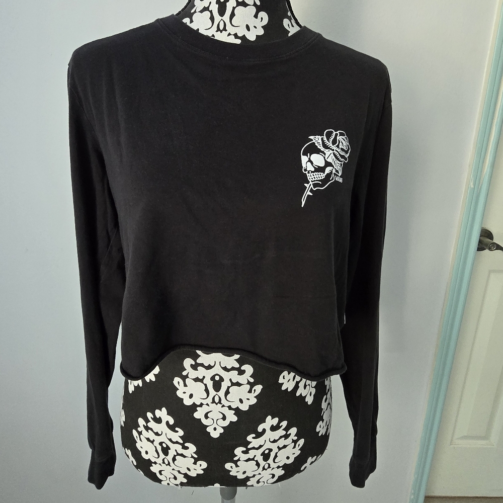 Vans Black Long Sleeve Crop Top con Skull y Rose Sz M